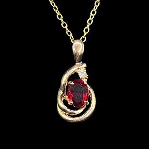 Vintage Faux Red Ruby Pendant Necklace 18K yellow gold electroplate signed